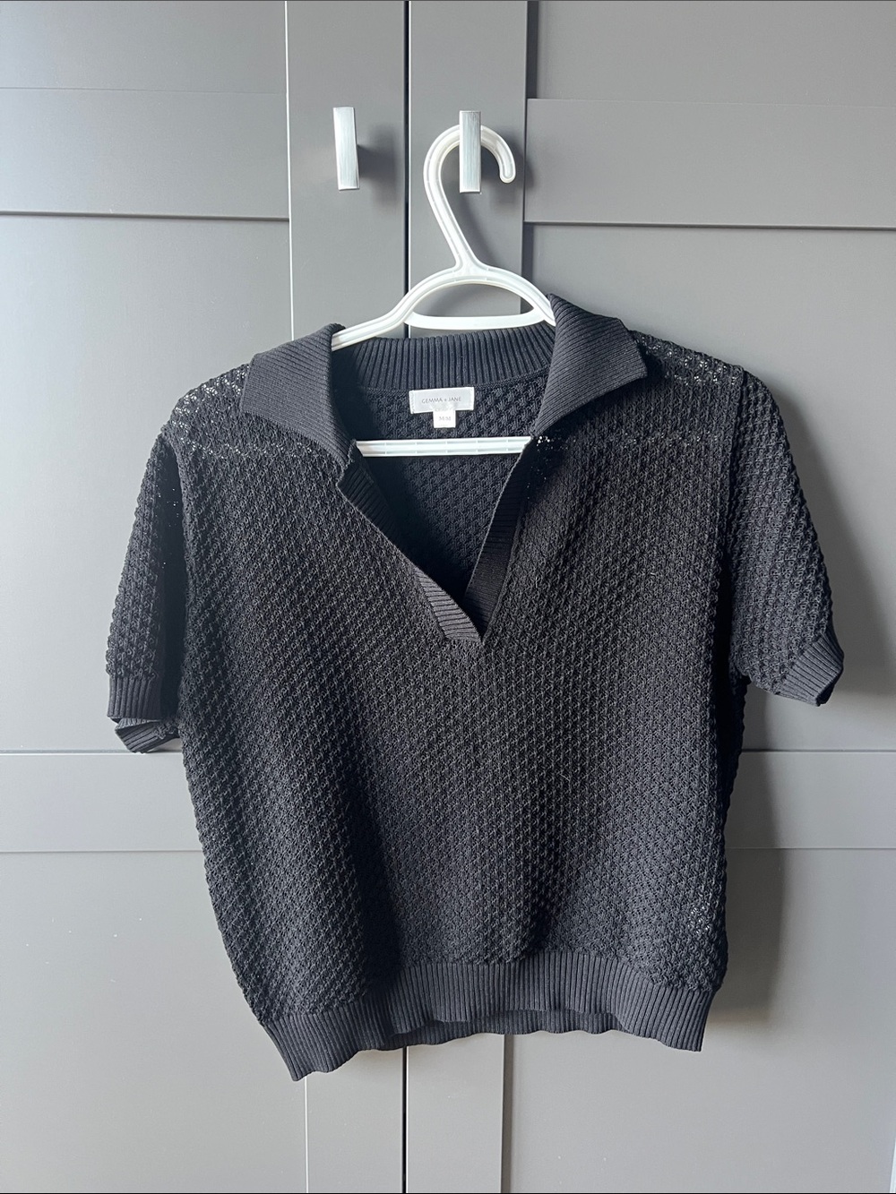 Black Short-Sleeve Knit Polo Sweater